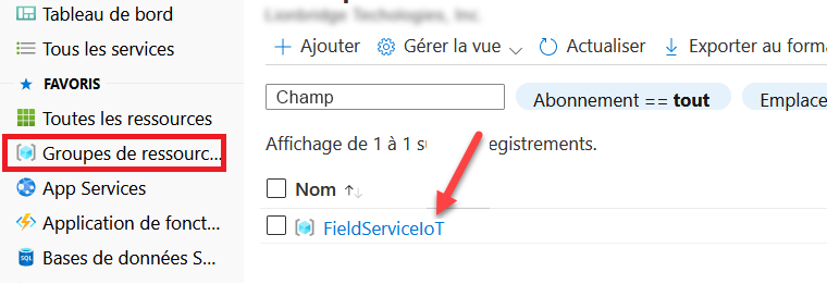 Capture d’écran des groupes de ressources et nom du groupe de ressources créé.