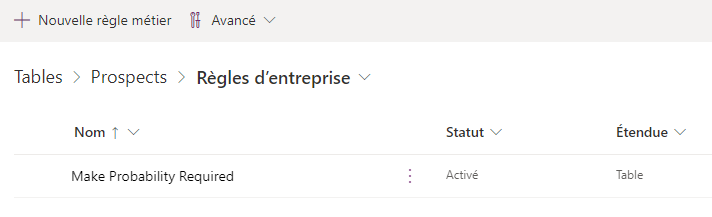 Capture d’écran du tableau des règles métier illustrant votre nouvelle règle : Rendre la probabilité obligatoire. Le nom de la table Prospect est mis en évidence.