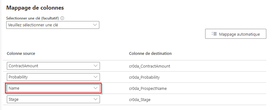 Capture d’écran de la fenêtre Power Query illustrant la section Mappage de colonnes avec l’option Name sélectionnée et les colonnes mises en correspondance.