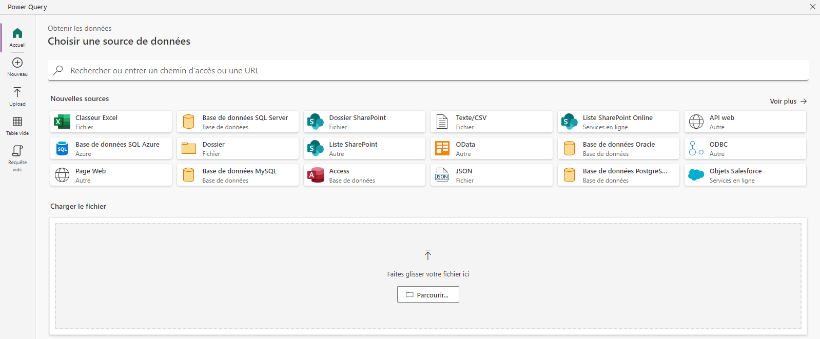 Capture d’écran de la fenêtre Power Query Choisir la source de données illustrant les différentes options de connexion à vos données.