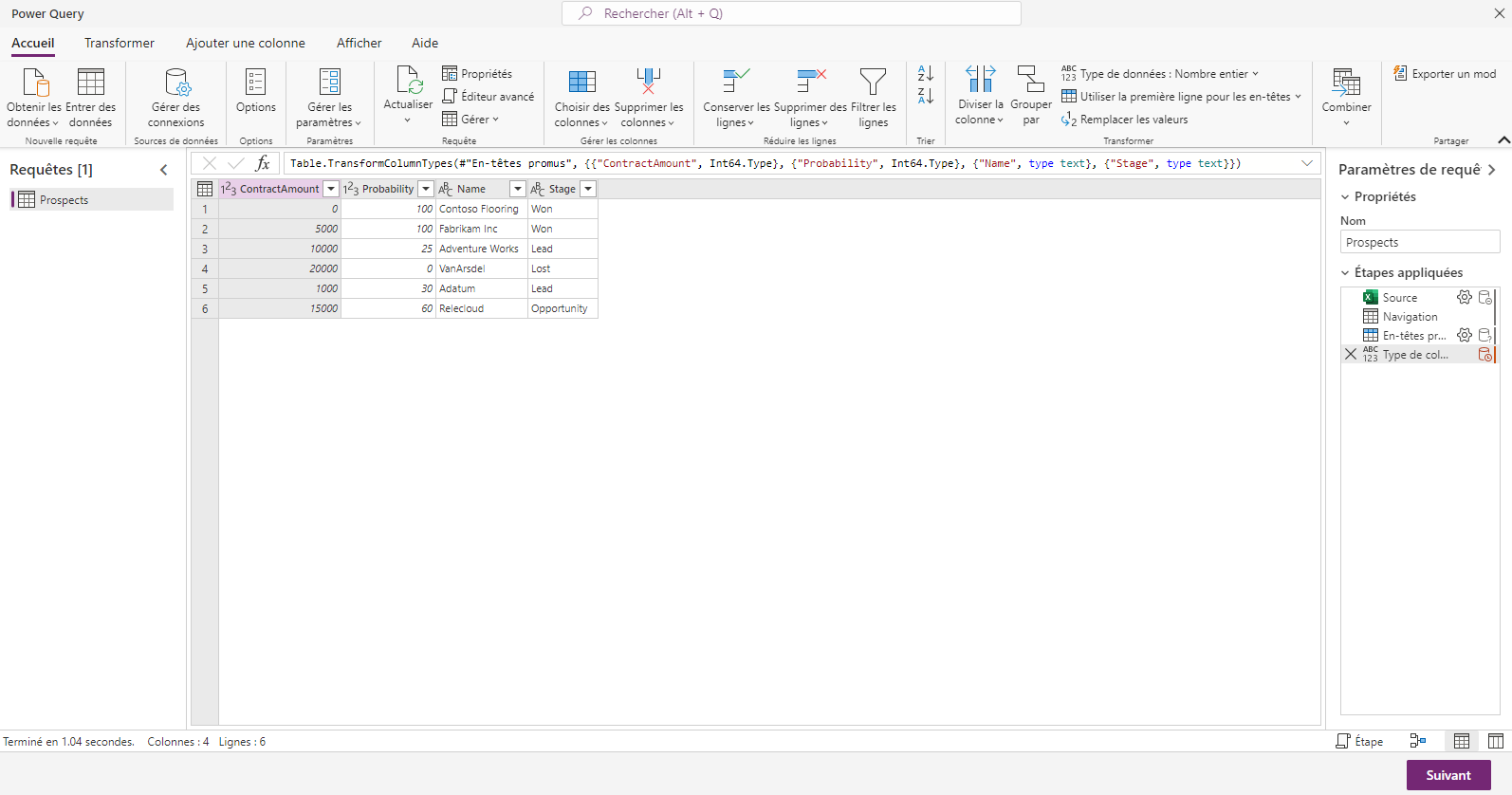 Capture d’écran de la fenêtre Power Query illustrant les options de mise en forme des données.