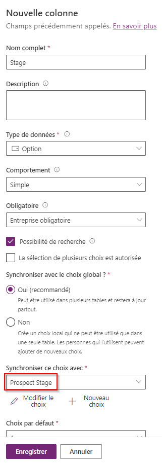 Capture d’écran de la liste déroulante illustrant les options Synchroniser ce choix avec et le choix Prospect Stage mis en évidence.