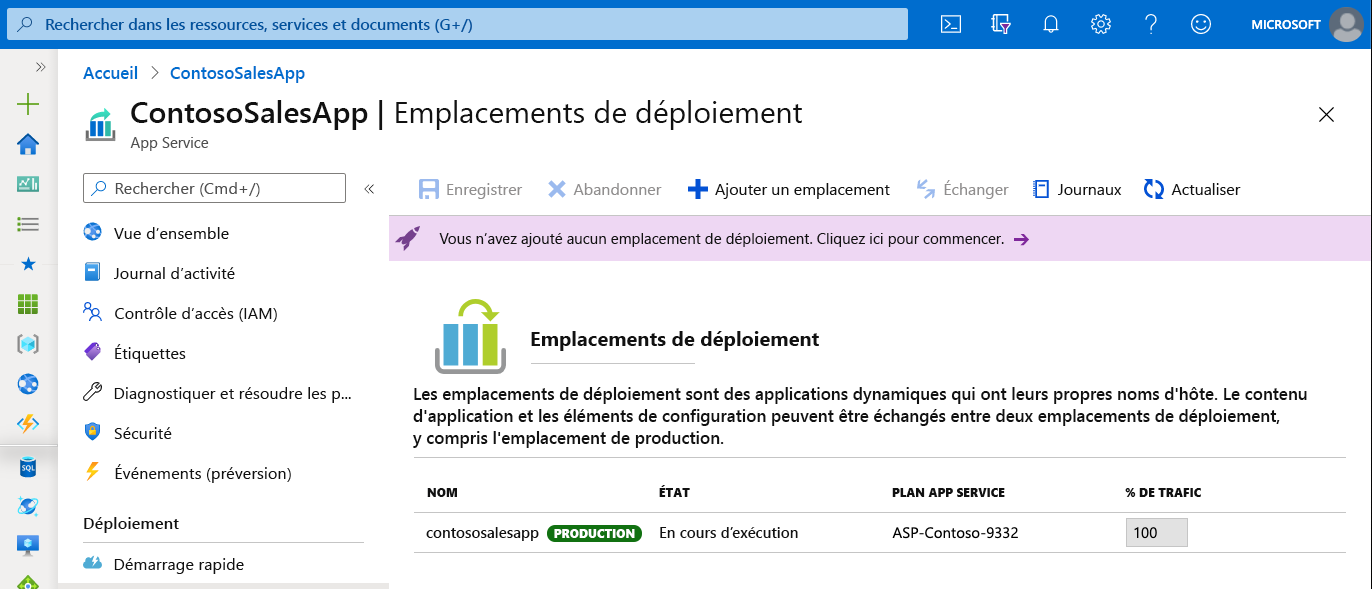 Capture d’écran de l’emplacement de déploiement de préproduction pour tester les déploiements.