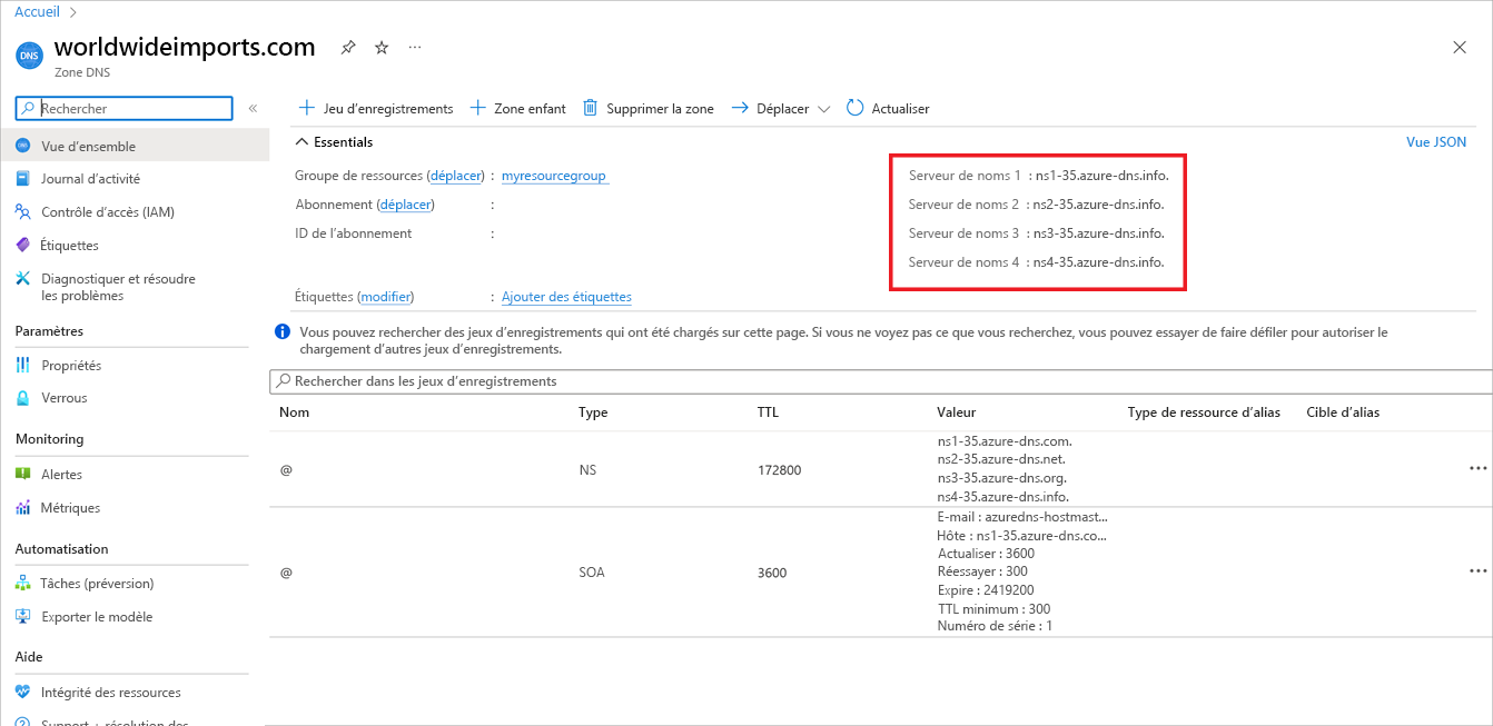 Capture d’écran des détails relatifs au serveur de noms dans la page Zone DNS.