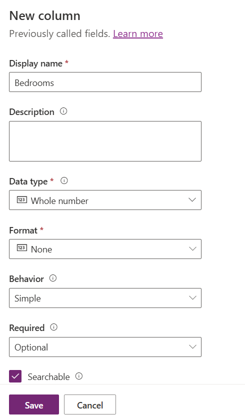 Capture de l’écran Nouvelle colonne configuré en fonction des instructions de l’étape 13.