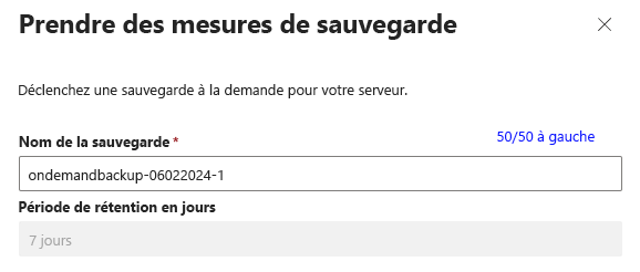 Capture d’écran de la boîte de dialogue Exécuter la sauvegarde demandant un nom de sauvegarde et une période de rétention.