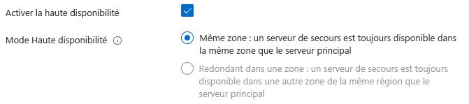 Capture d’écran de la sélection pour activer la haute disponibilité dans la même zone après la création du serveur.