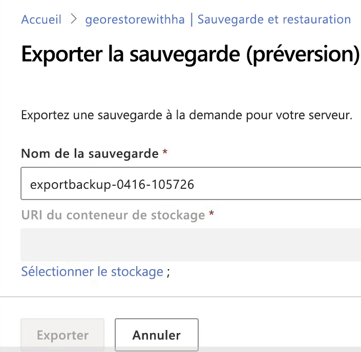 Capture d’écran de la page Exporter la sauvegarde demandant un nom de sauvegarde et un URI de conteneur de stockage.