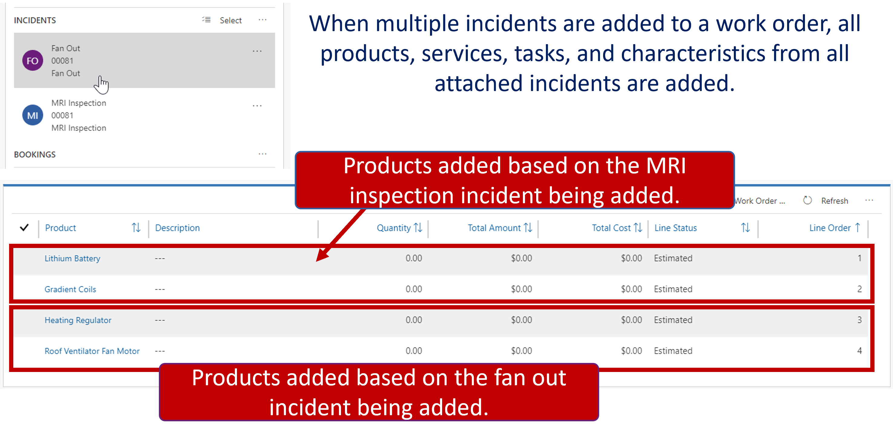 Capture d’écran du type de plusieurs incidents Field Service.