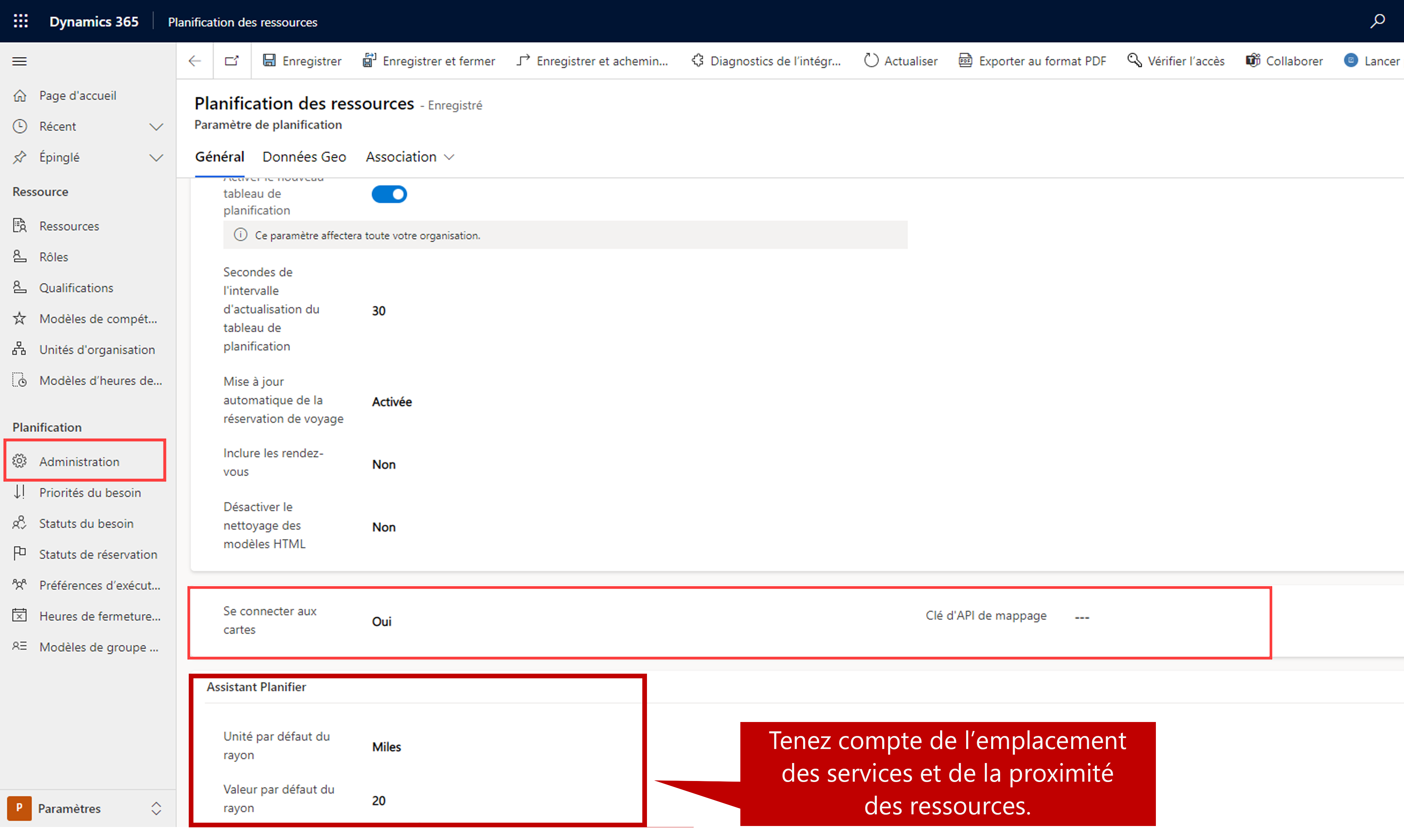 Resource Scheduling avec le champ Se connecter aux cartes défini sur Oui.