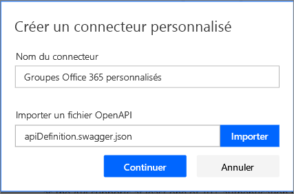 Capture d’écran de la boîte de dialogue Créer un connecteur personnalisé avec le champ Importer un fichier OpenAPI défini sur apiDefinition.swagger.json.