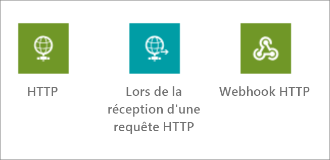 Capture d’écran des déclencheurs/actions HTTP, Lors de la réception d’une requête HTTP et Webhook HTTP.