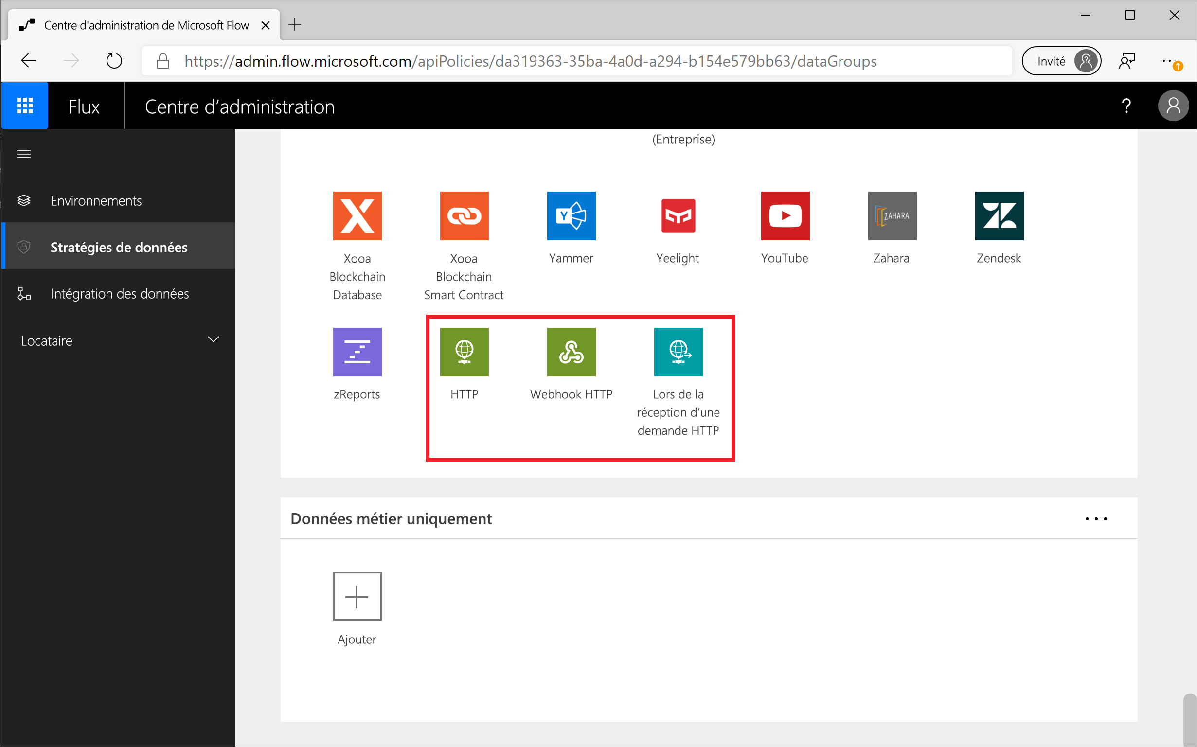 Capture d’écran de la page Stratégies de données du Centre d’administration Power Automate avec les options HTTP mises en surbrillance.