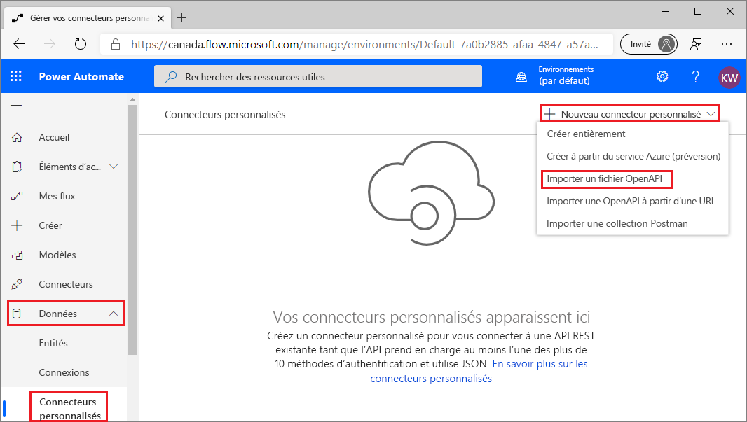 Capture d’écran de la page Power Automate Données > Connecteurs personnalisés avec le menu Nouveau connecteur personnalisé développé et l’option Importer un fichier OpenAPI mise en surbrillance.