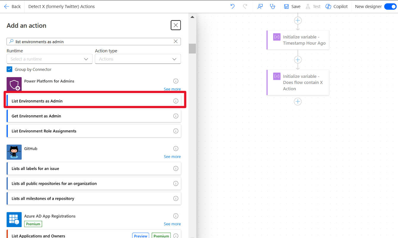 Capture d’écran de la nouvelle action Power Platform for Admins avec l’option Lister les environnements en tant qu’administrateur mise en évidence.