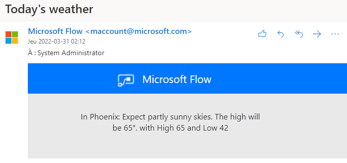 Capture d’écran d’un e-mail envoyé par le flux de cloud pour la météo de Phoenix.