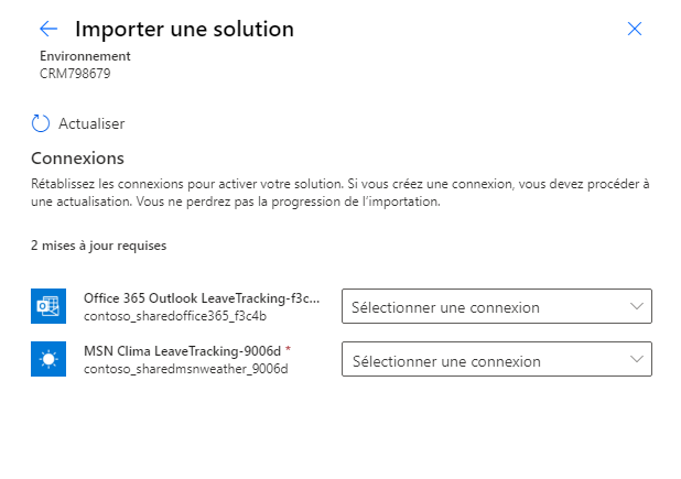 Capture d’écran de la définition de références de connexion à une connexion lors de l’importation.