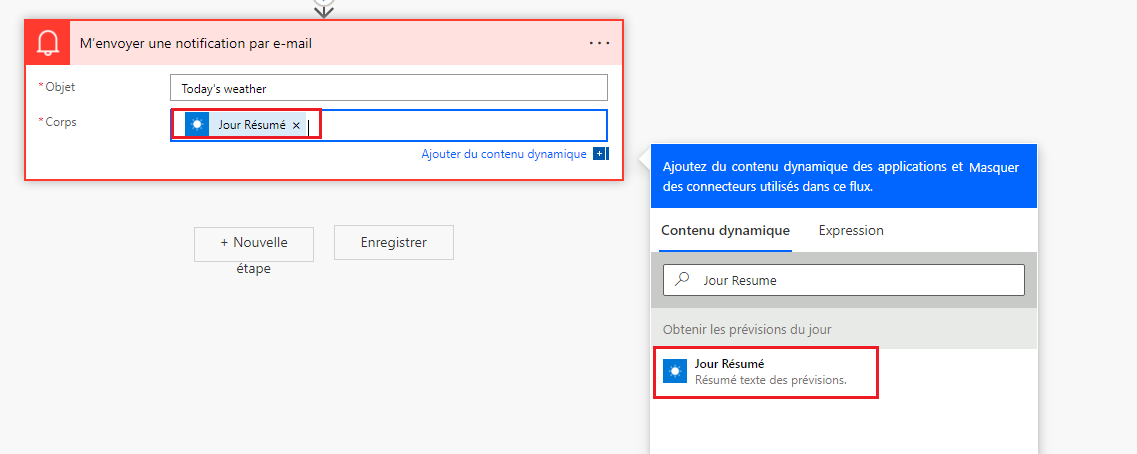 Capture d’écran de l’étape de flux M’envoyer une notification par e-mail.