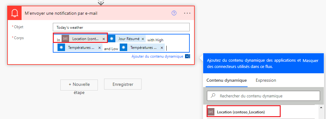 Capture d’écran affichant le processus d’ajout d’un composant dynamique pour les notifications par e-mail.