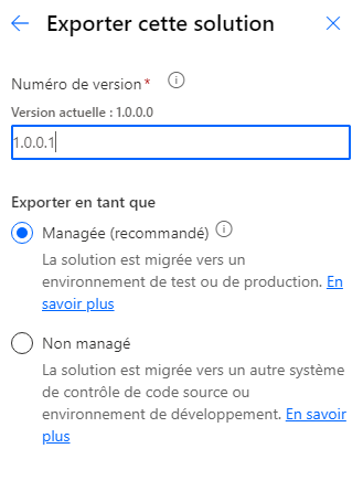 Capture d’écran des options Numéro de version et Exporter en tant que dans l’invite Exporter cette solution.