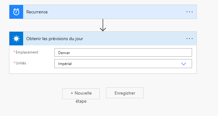 Capture d’écran de l’étape de flux Obtenir les prévisions du jour.