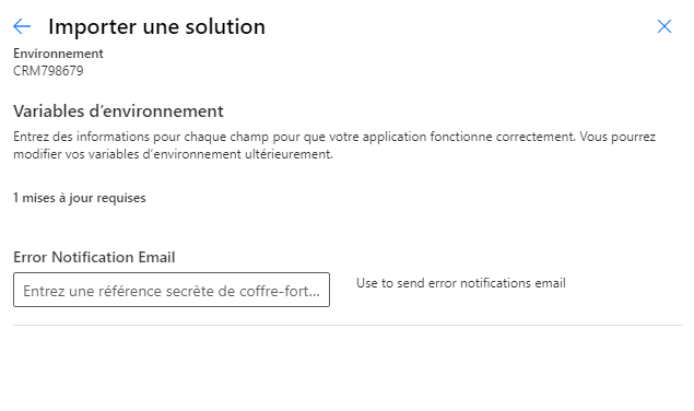 Capture d’écran de la section Variables d’environnement de la boîte de dialogue Importer une solution.