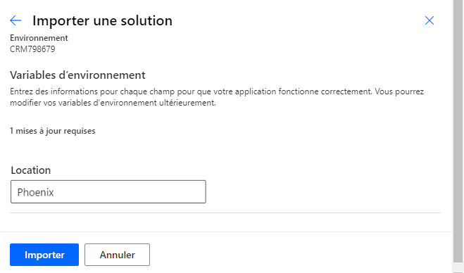 Capture d’écran de la boîte de dialogue Importer une solution avec le lieu Phoenix.