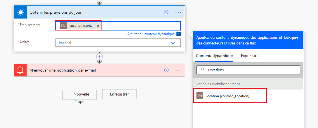 Capture d’écran affichant la sélection d’un composant dynamique pour les notifications par e-mail.