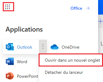 Capture d’écran du lanceur d’applications montrant l’option Outlook sélectionné et le bouton Ouvrir dans un nouvel onglet mis en surbrillance.