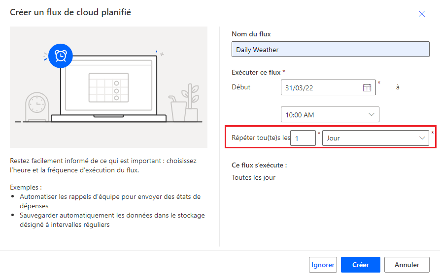 Capture d’écran de la configuration Création d’un flux de cloud planifié.