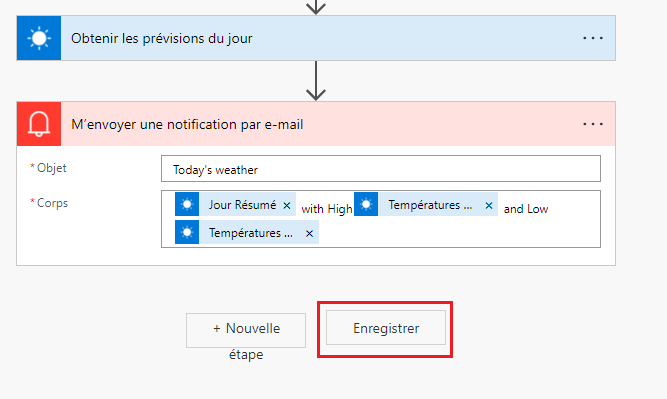 Capture d’écran de l’étape de flux M’envoyer une notification par e-mail avec le bouton Enregistrer mis en surbrillance.