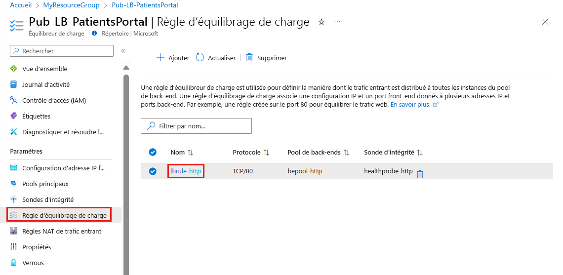 Capture d’écran illustrant la sélection d’une règle d’équilibrage de la charge dans le Portail Azure.