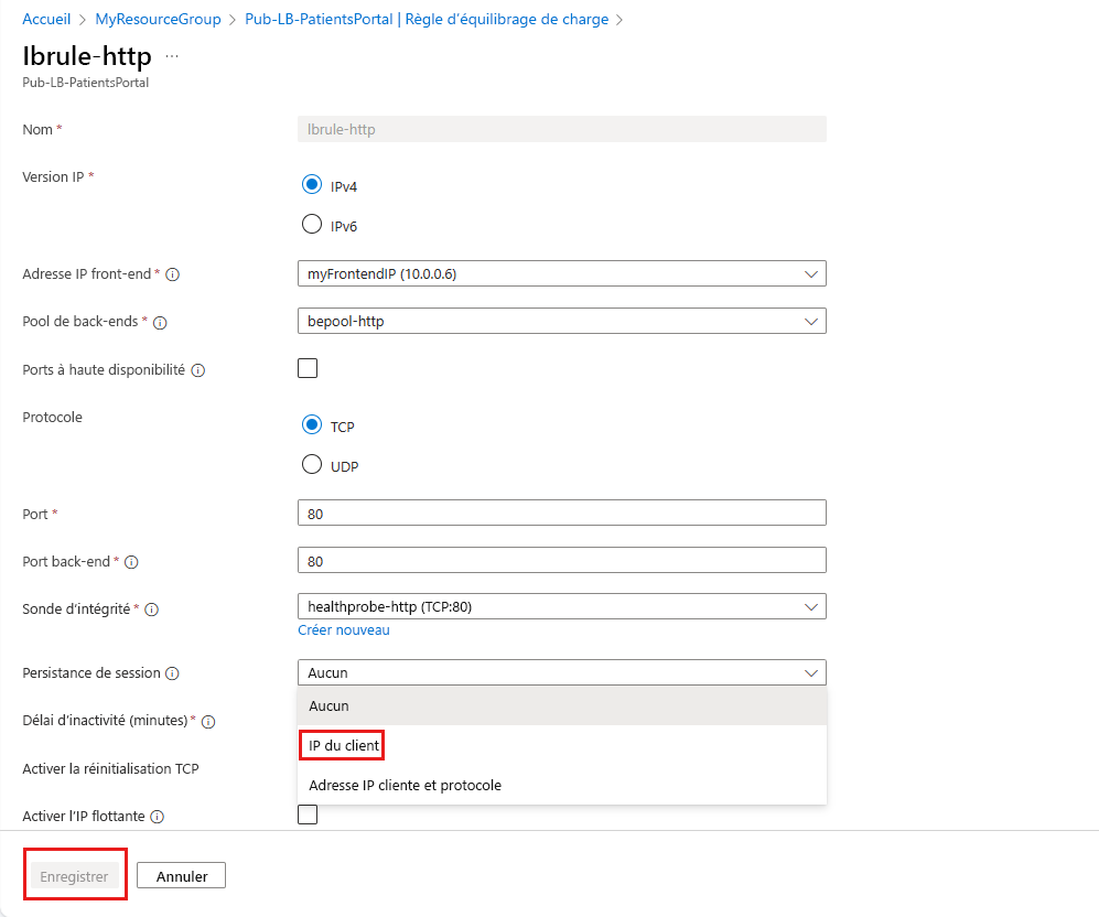 Capture d’écran montrant comment définir l’affinité IP dans le portail Azure.