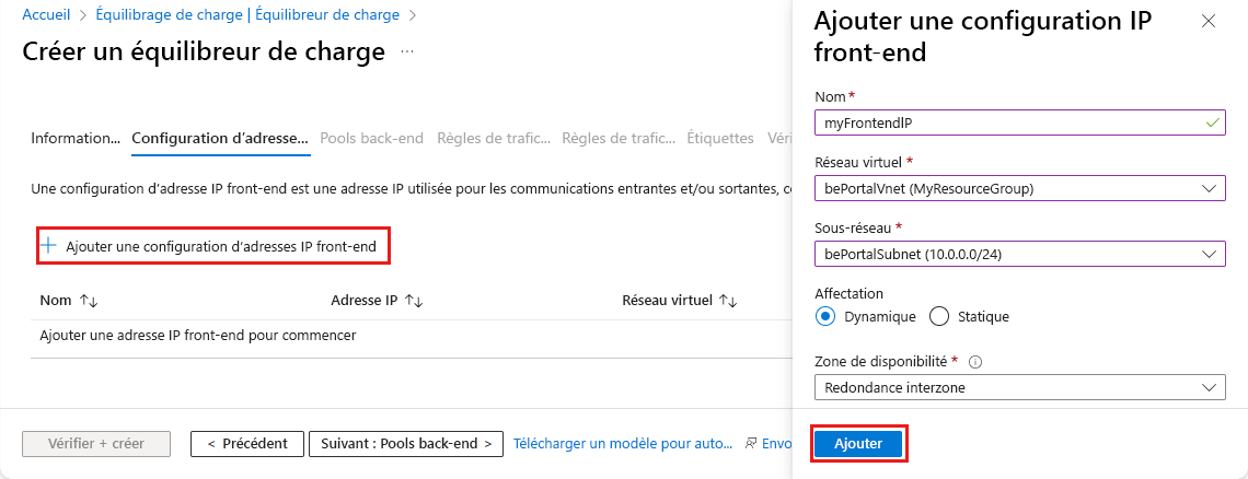 Capture d’écran montrant les paramètres renseignés dans Ajouter une configuration IP front-end.