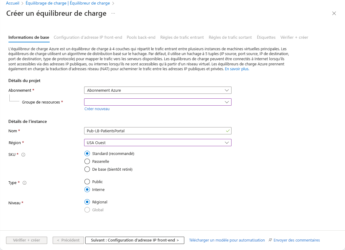 Capture d’écran montrant l’onglet Informations de base de l’écran Créer un équilibreur de charge dans le portail Azure