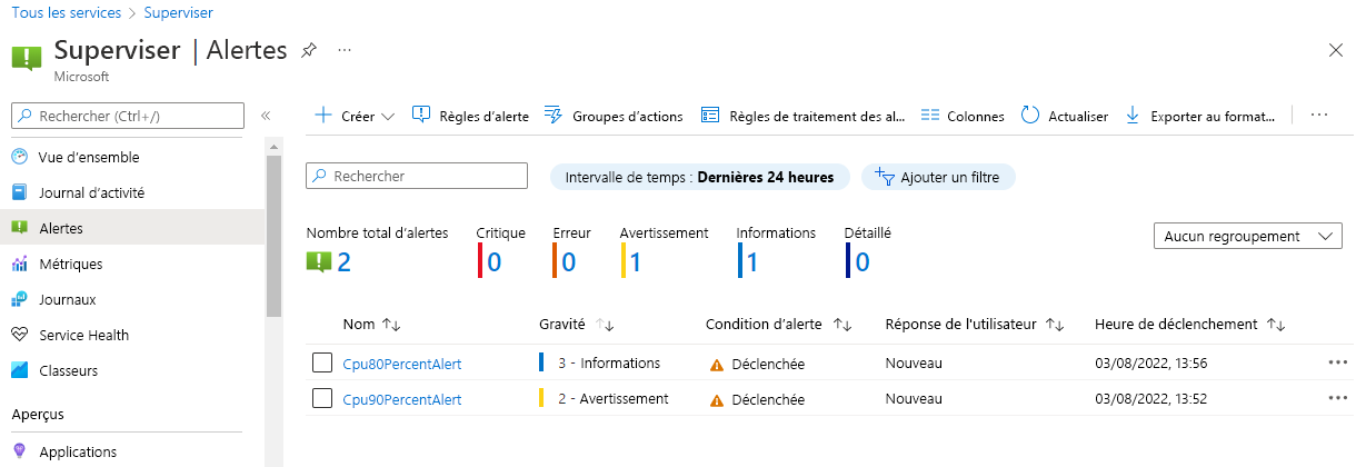 Capture d’écran montrant le volet de synthèse des alertes.