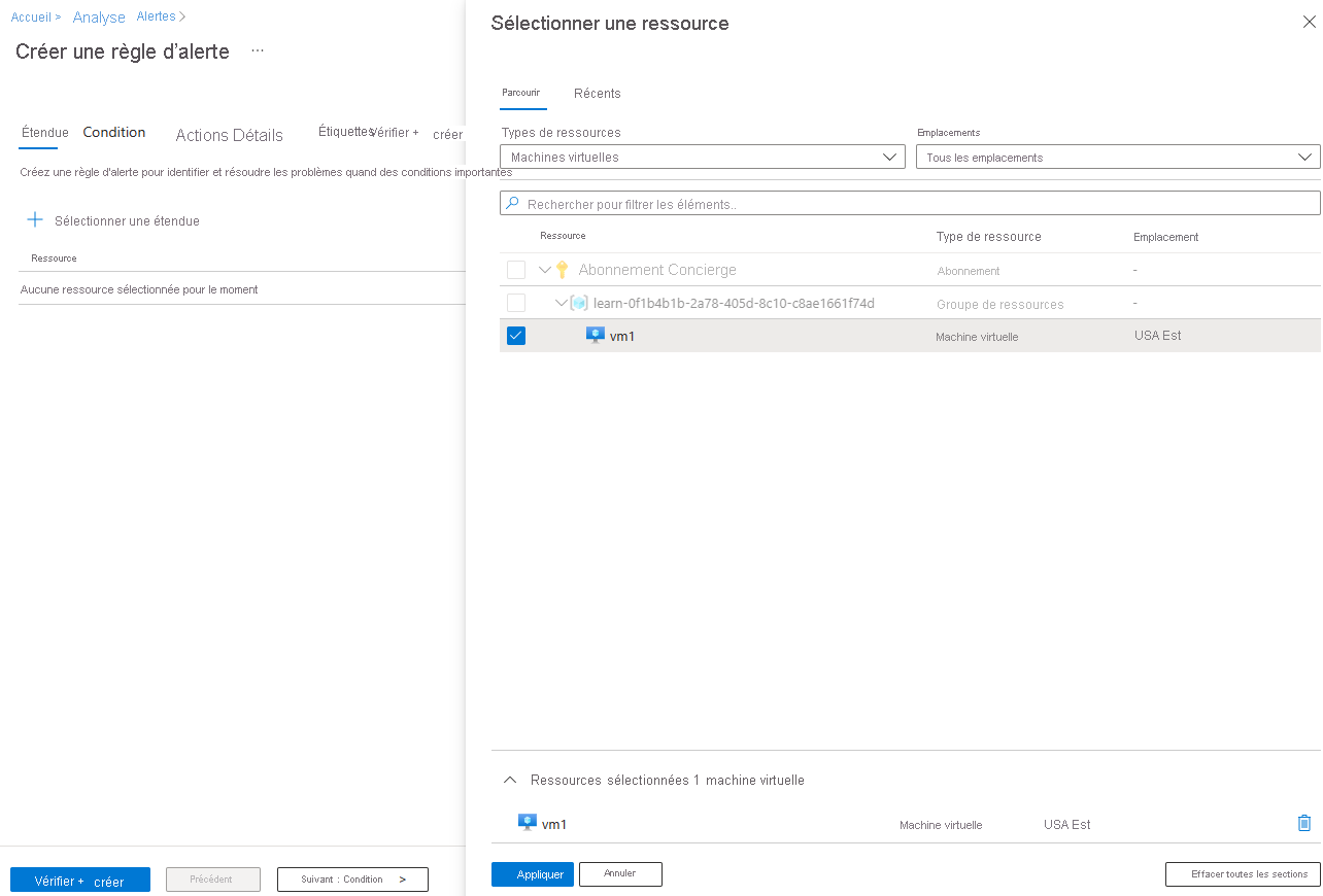 Capture d’écran montrant le volet « Sélectionner une ressource », avec « vm1 » sélectionné.