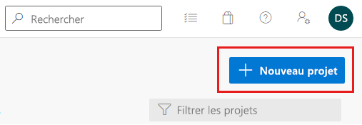 Capture d’écran d’Azure DevOps avec mise en évidence du bouton de nouveau projet.