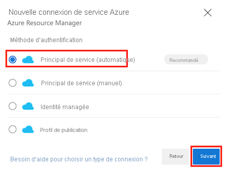 Capture d’écran d’Azure DevOps montrant la page « Créer une connexion de service » avec l’option Principal de service (automatique) en évidence.