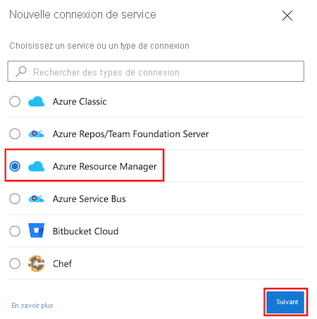 Capture d’écran d’Azure DevOps montrant la page Créer une connexion de service et le type de connexion de service Azure Resource Manager en surbrillance.