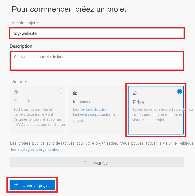 Capture d’écran du volet Pour commencer, créez un projet dans Azure DevOps, avec mise en évidence du nom de projet et des options de visibilité.