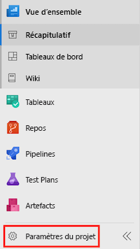 Capture d’écran d’Azure DevOps montrant le menu, avec l’élément « Paramètres du projet » en évidence.