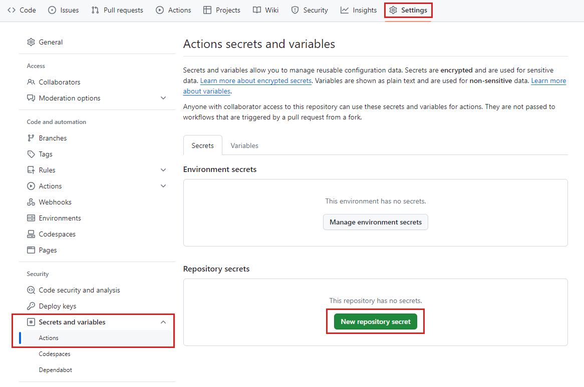 Capture d’écran de l’interface GitHub montrant la page Secrets, avec le bouton Créer un secret de référentiel en évidence.