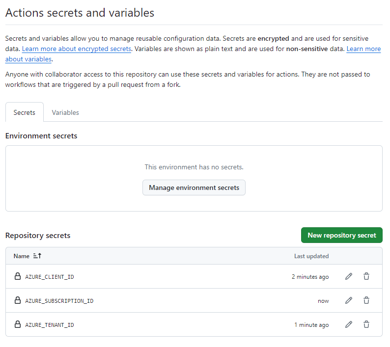 Capture d’écran de l’interface GitHub montrant la liste de secrets.