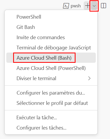 Capture d’écran de la fenêtre de terminal Visual Studio Code avec la liste déroulante de l’interpréteur de commande affichée et l’option Git Bash par défaut sélectionnée.