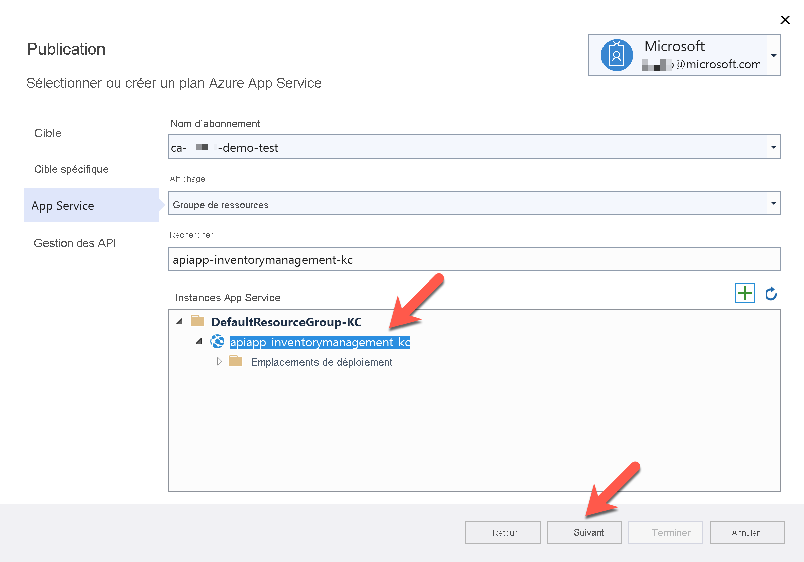 Capture d’écran de Publier sur Azure App Service dans Visual Studio.