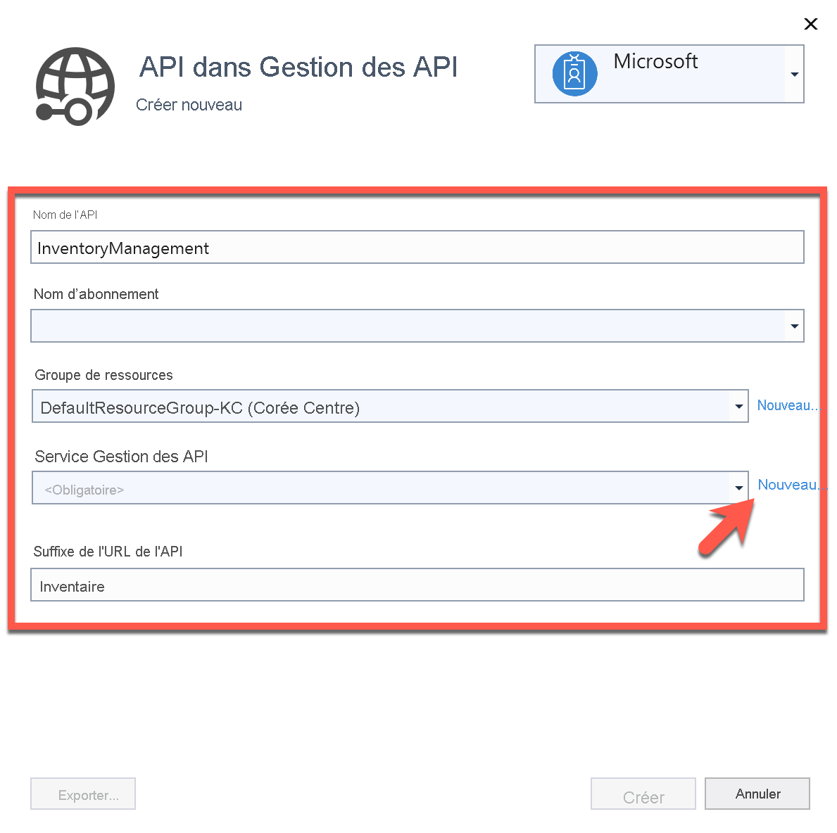 Créer une API dans Gestion des API.