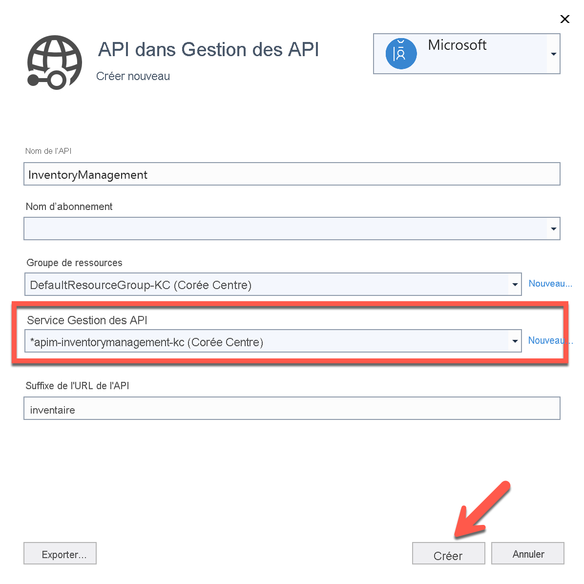 Informations renseignées pour créer une API dans Gestion des API.