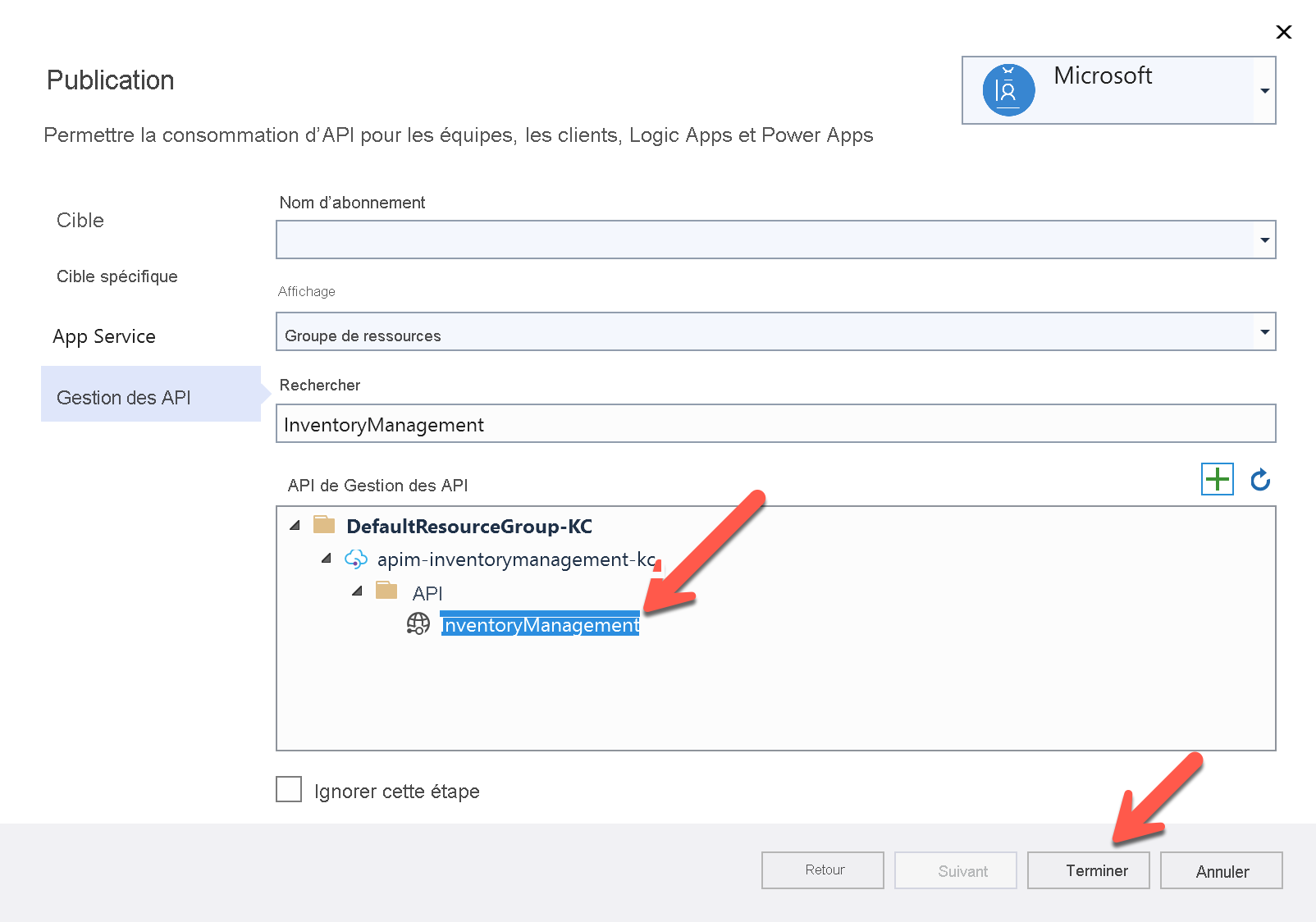 Finir la publication pour le service Gestion des API.
