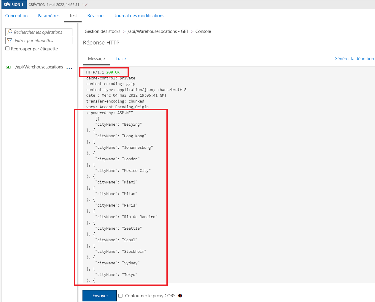 Gestion des API - Résultat de test de l’API.